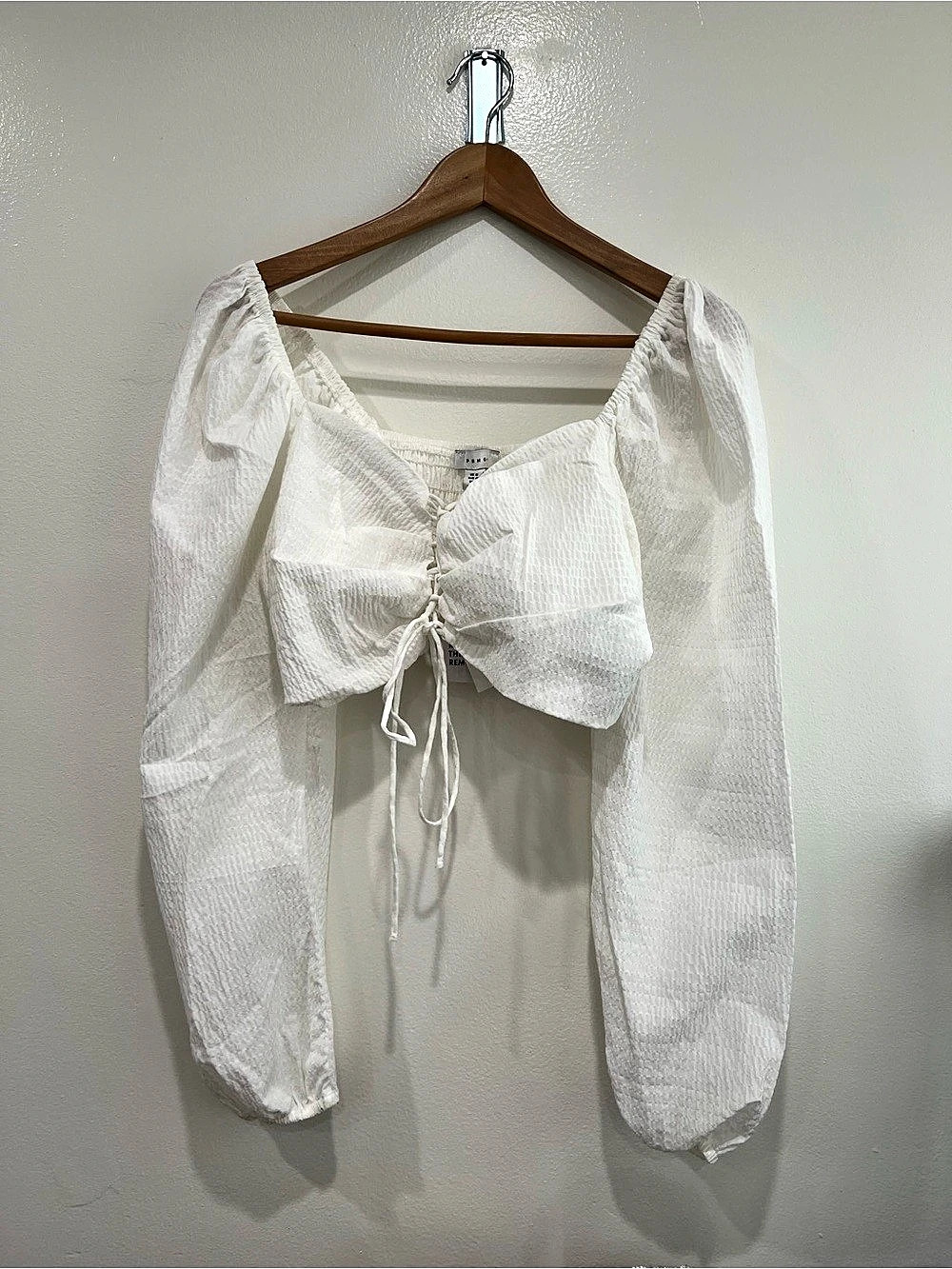 Topshop Long Sleeve Smocked Tie Front Crop Top White Size Large